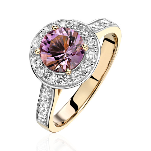 Кольцо из желтого золота 585 пробы с аметистом и фианитами 01К337644-1
