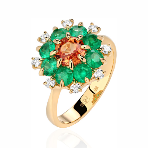Кольцо из желтого золота 750 пробы с сапфиром, изумрудами и бриллиантами 01К647803-3