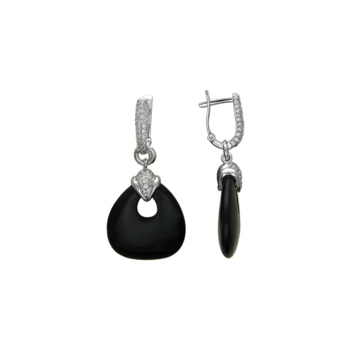 Серьги из белого золота 585 пробы с черными агатами и фианитами 0РС420162-1