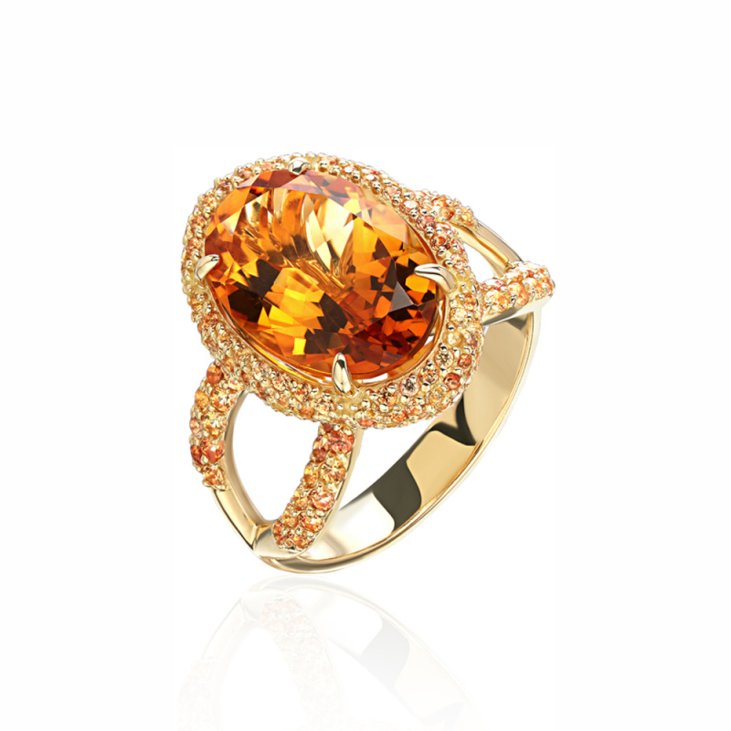 Кольцо из желтого золота 750 пробы с цитрином, сапфирами и бриллиантами 01К644638-1