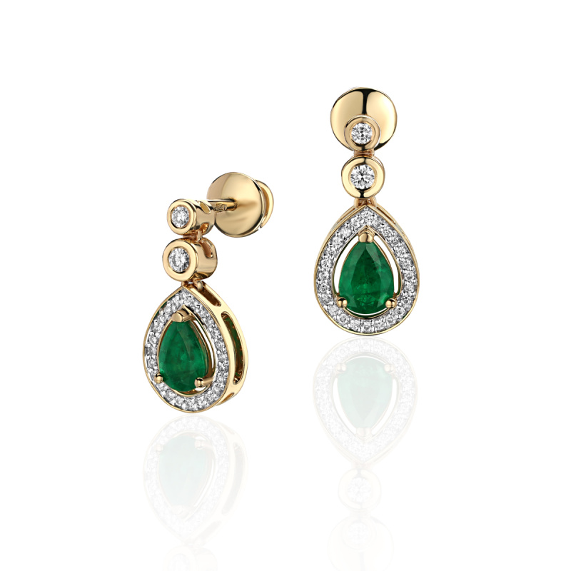 Серьги из желтого золота 585 пробы с изумрудами и бриллиантами 01С6315700-1
