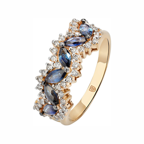 Кольцо из желтого золота 585 пробы с сапфирами и бриллиантами 01К6314317-2