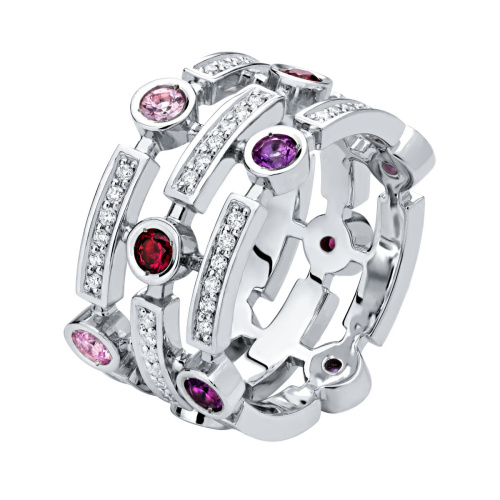 Кольцо из белого золота 585 пробы с аметистами, сапфирами, рубинами и бриллиантами 01К6212020-1