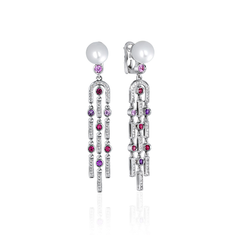 Серьги из белого золота 585 пробы с сапфирами, родолитами, жемчугом, аметистами и бриллиантами 01С6212020-1