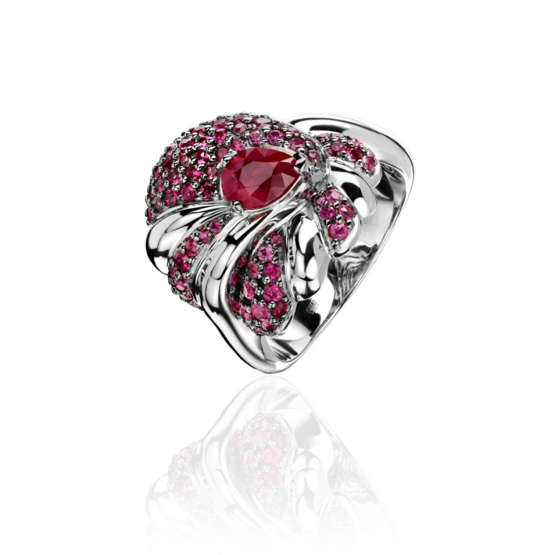 Кольцо из белого золота 585 пробы с рубинами 01К5214474-2