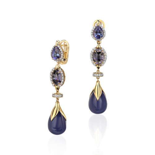 Серьги из желтого золота 585 пробы с танзанитами, иолитами и бриллиантами 01С6315896-1