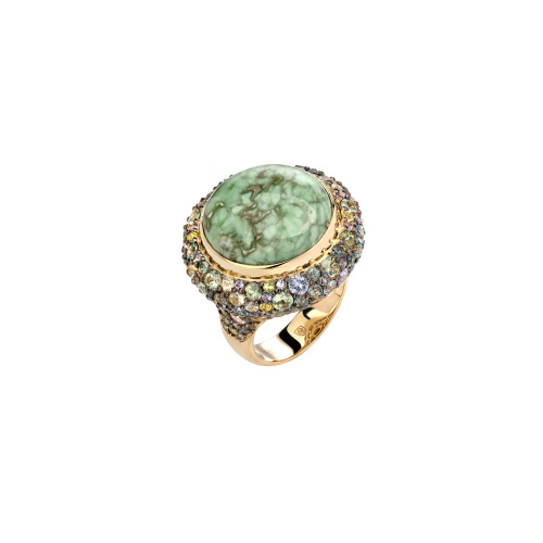 Кольцо из желтого золота 585 пробы с варисцитом, хризолитами, танзанитами, сапфирами и бриллиантами 01К6312868-1
