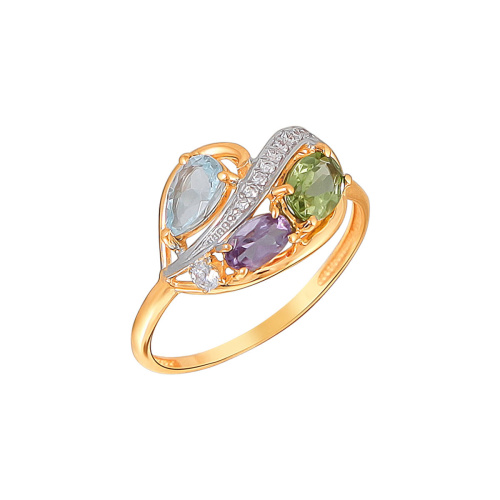 Кольцо из красного золота 585 пробы с хризолитом, фианитом, топазом и аметистом  01К3111146-6