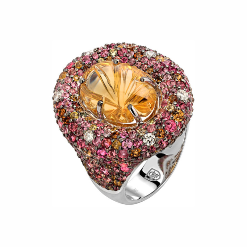 Кольцо из белого золота 585 пробы с цитрином, бриллиантами и турмалинами 01К6211800-10