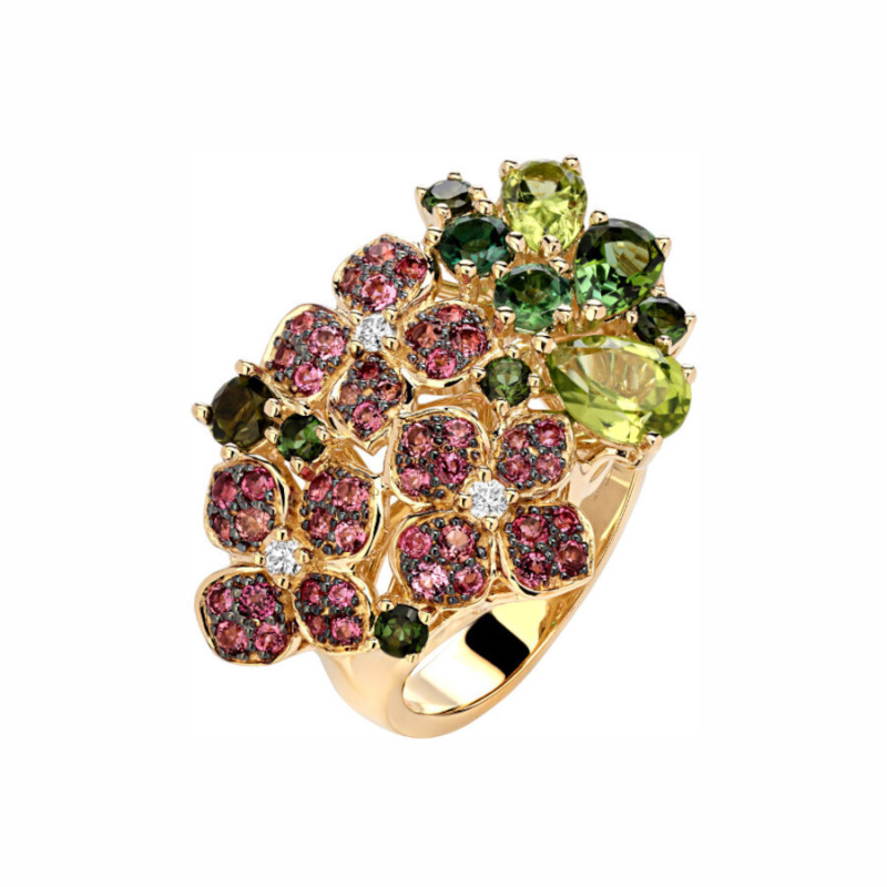 Кольцо из желтого золота 585 пробы с хризолитом, турмалинами, и бриллиантами 01К6313502-2