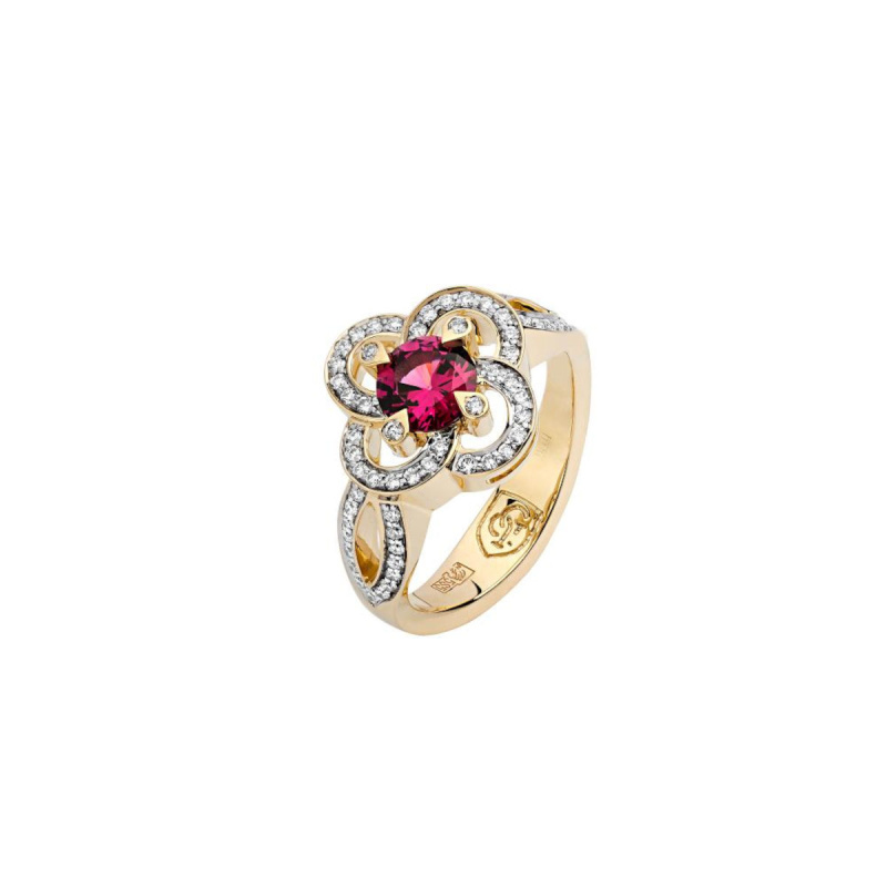 Кольцо из желтого золота 585 пробы с родолитом и бриллиантами 01К6311106-2 Кольцо из желтого золота 585 пробы с родолитом и бриллиантами 01К6311106-2