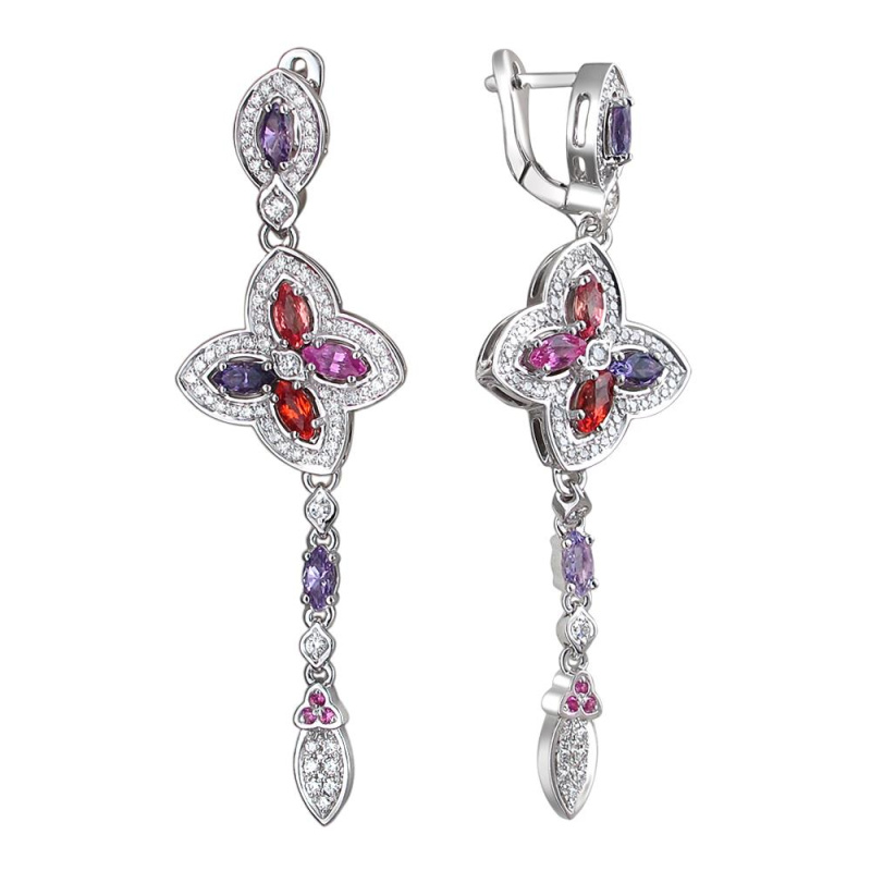 Серьги из белого золота 585 пробы с сапфирами, аметистами и бриллиантами 01С6291068-1