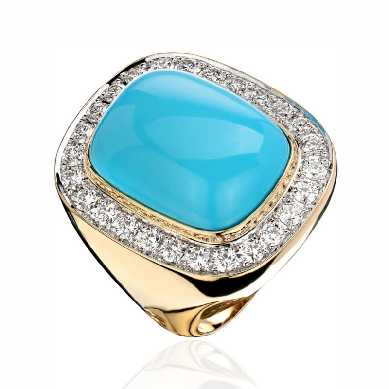 Кольцо из желтого золота 750 пробы с бирюзой и бриллиантами 01К6413991-1