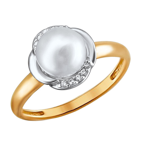 Кольцо из красного золота 585 пробы с жемчугом и фианитами 01К3112958Р-1