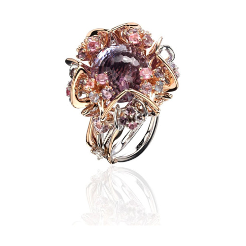 Кольцо из комбинированного золота 585 пробы с аметистом, бриллиантами и шпинелью 01К6611265-2