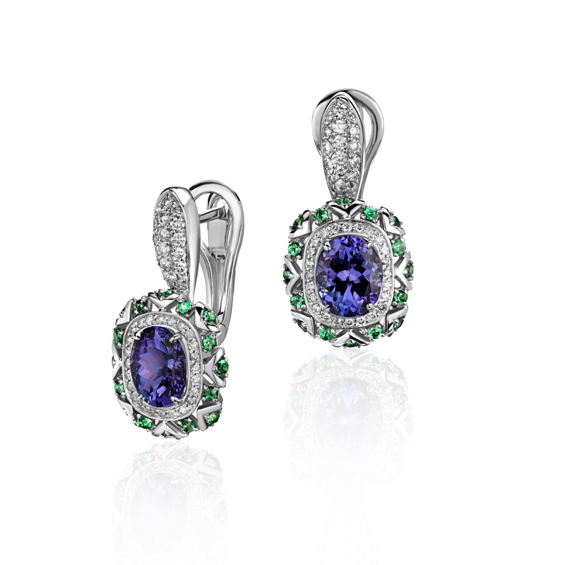 Серьги из белого золота 585 пробы с тсаворитами, танзанитами и бриллиантами 01С6213535-6 Серьги из белого золота 585 пробы с тсаворитами, танзанитами и бриллиантами 01С6213535-6