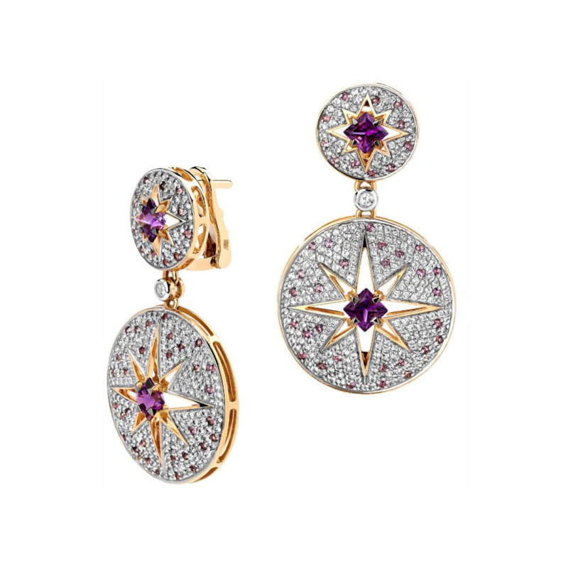 Серьги из желтого золота 585 пробы с аметистами и топазами 01С3311482-1
