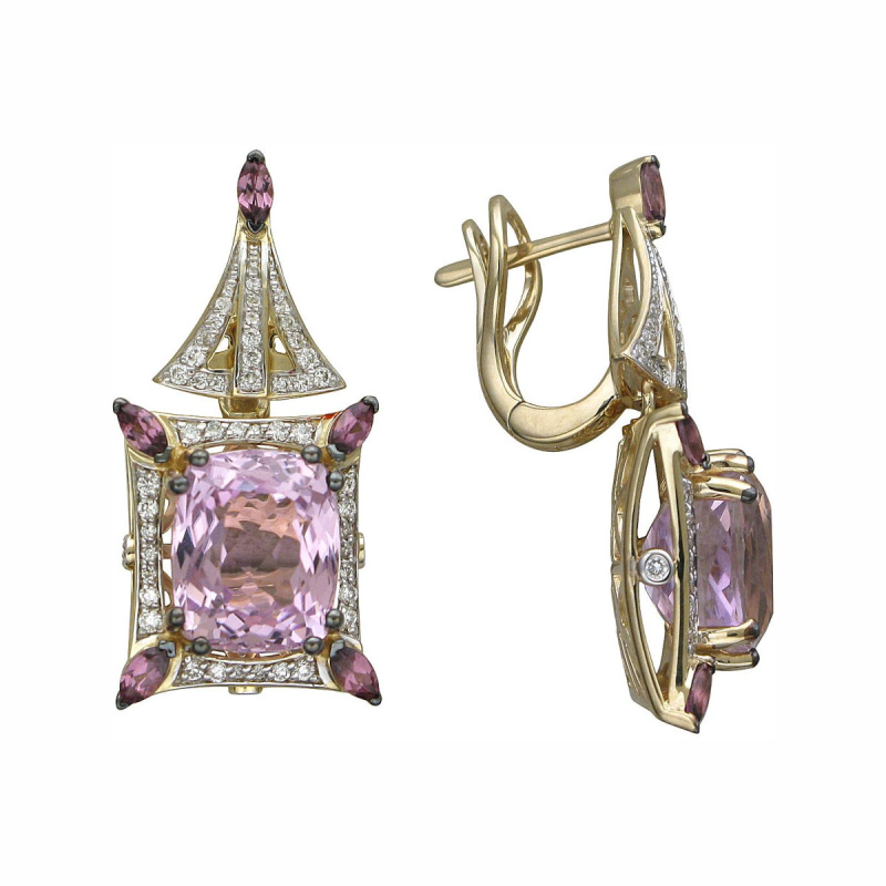 Серьги из желтого золота 585 пробы с кунцитами, родолитами и бриллиантами 01С6314320-1