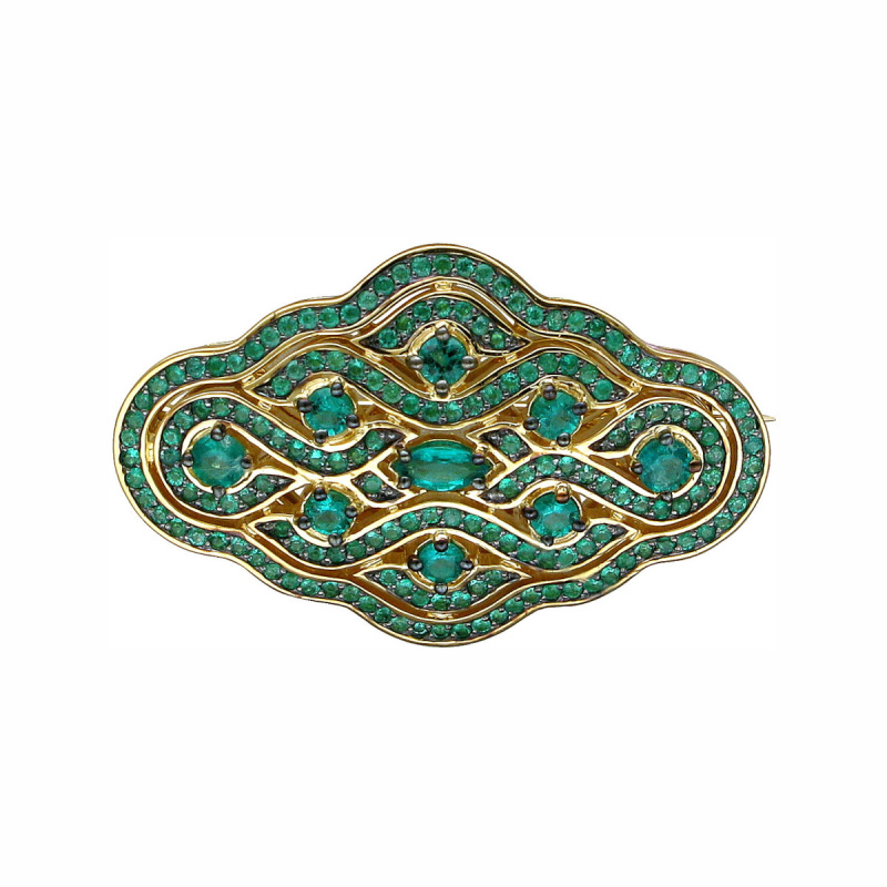 Брошь из желтого золота 750 пробы с изумрудами 01Ш540272-1