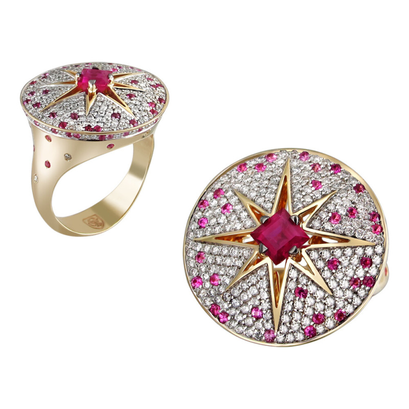 Кольцо из желтого золота 585 пробы с сапфирами, рубином и бриллиантами 01К6312582-1