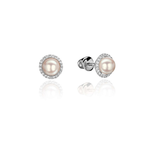 Серьги из белого золота 585 пробы с жемчугом и фианитами 01С3211541-1