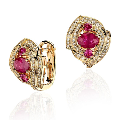 Серьги из желтого золота 750 пробы с рубинами и бриллиантами 01С6415094-1