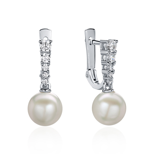 Серьги из белого золота 585 пробы с фианитом и жемчугом 01С3213113-1