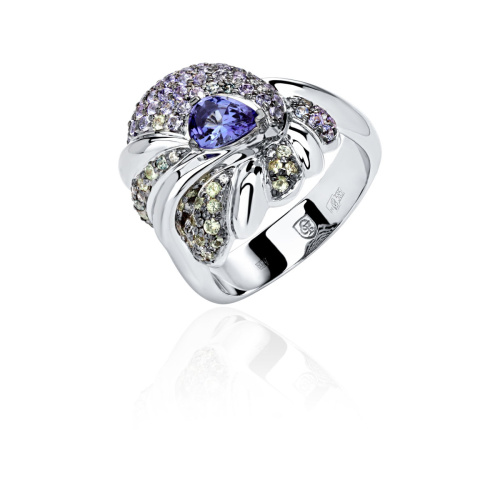 Кольцо из белого золота 585 пробы с танзанитами, сапфирами и бриллиантами 01К6214474-1