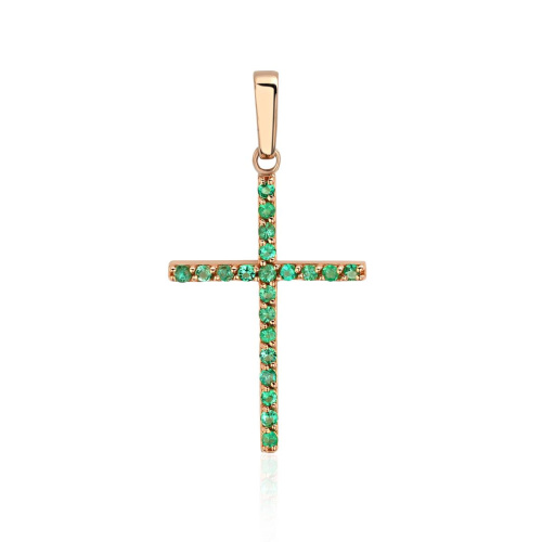 Крест из красного золота 585 пробы с изумрудами 01Р511235-3