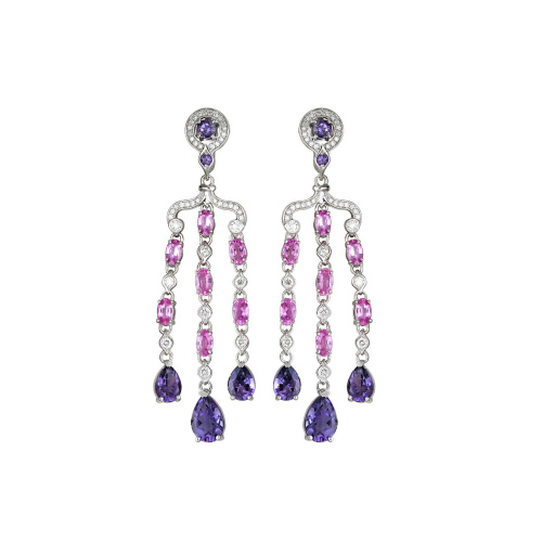 Серьги из белого золота 585 пробы с сапфирами, аметистами и бриллиантами 01С629391-2