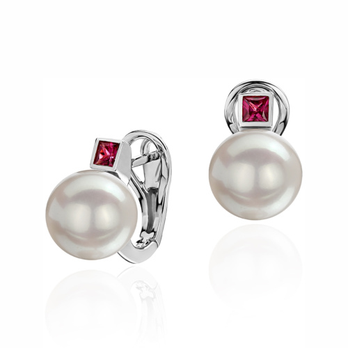 Серьги из белого золота 575 пробы с рубинами и жемчугом 01С5213463-1