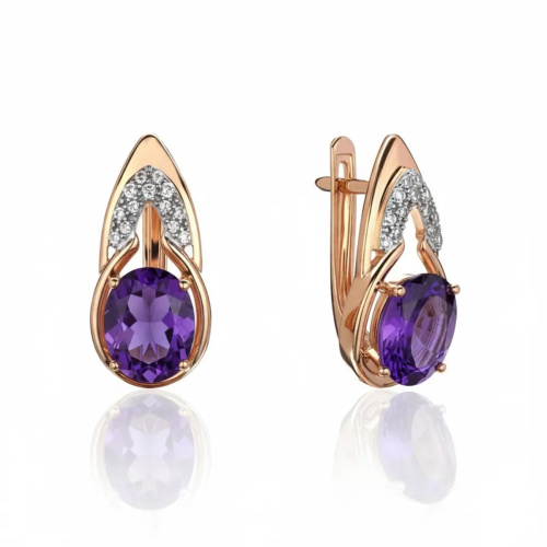 Серьги из красного золота 585 пробы с аметистами и фианитами 01С3116447-4