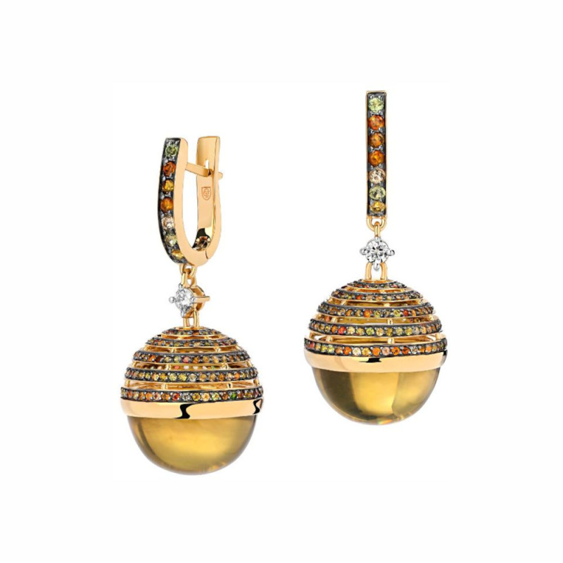 Серьги из желтого золота 585 пробы с турмалинами, аметистами, кварцем, родолитами, турмалинами и бриллиантами 01С6313282-3