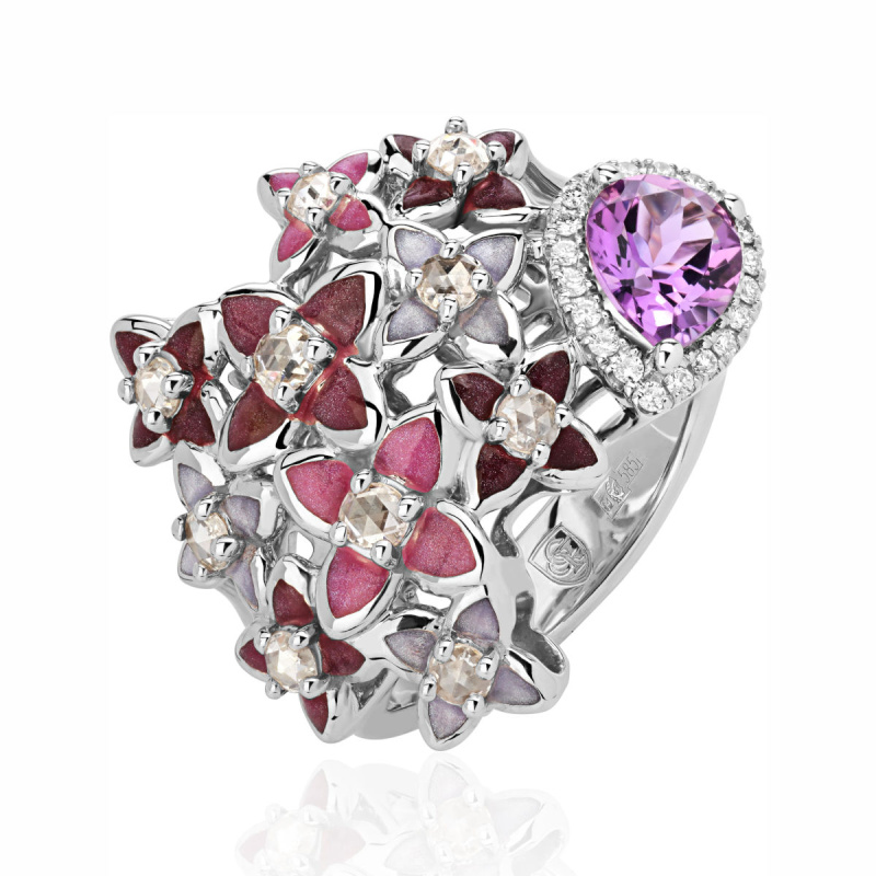 Кольцо из белого золота 585 пробы с аметистом, эмалью и бриллиантами 01К6214600Э-1