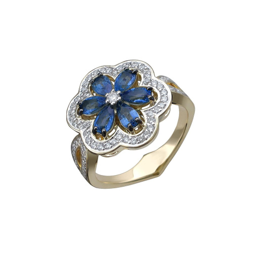 Кольцо из желтого золота 585 пробы с сапфирами и бриллиантами 01К6312117-2