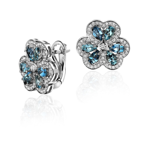 Серьги из белого золота 585 пробы с бриллиантами и аквамаринами 01С6214093-5
