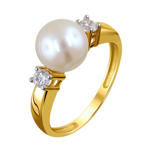 Кольцо из желтого золота 585 пробы с фианитом и жемчугом 01К3313112-1