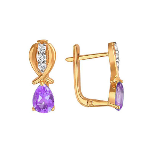 Серьги из красного золота 585 пробы с фианитами и аметистами 01С3112070-2