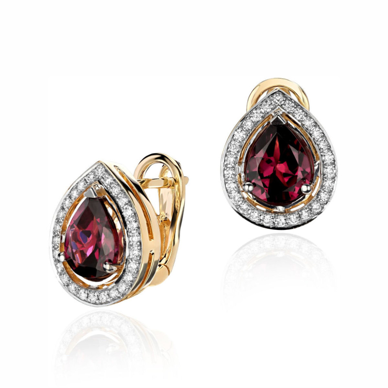 Серьги из комбинированного золота 750 пробы с родолитами и бриллиантами 01С6815090-2