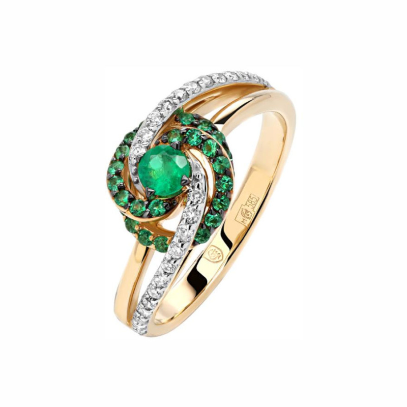 Кольцо из желтого золота 585 пробы с изумрудами и бриллиантами 01К6314656-1