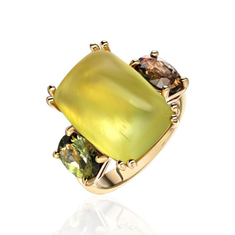 Кольцо из желтого золота 750 пробы с пренитом и турмалинами 01К3415860-3
