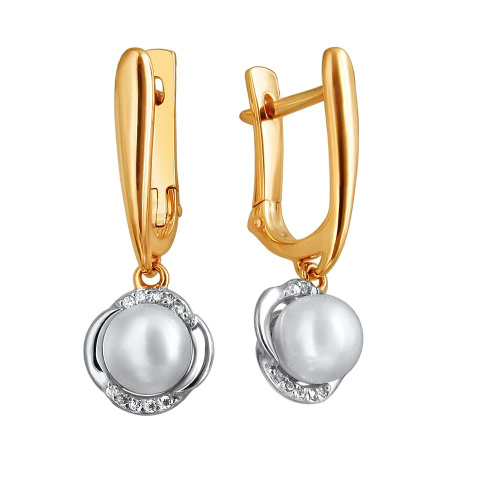 Серьги из красного золота 585 пробы с жемчугом и фианитами 01С3112958Р-1