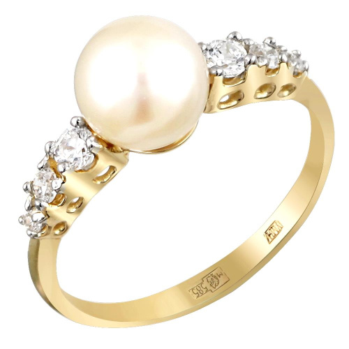 Кольцо из желтого золота 585 пробы с фианитом и жемчугом 01К3313113-1