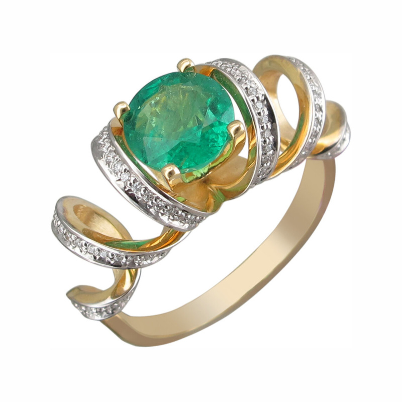 Кольцо из желтого золота 750 пробы с изумрудом и бриллиантами 01К646209-1 Кольцо из желтого золота 750 пробы с изумрудом и бриллиантами 01К646209-1