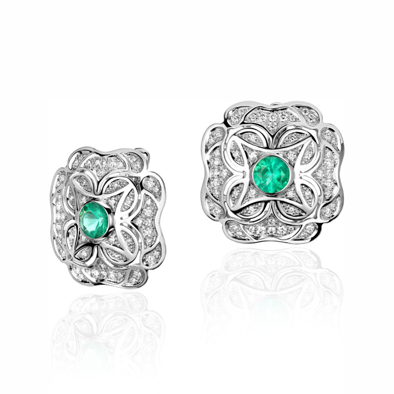 Серьги из белого золота 585 пробы с изумрудами и бриллиантами 01С6212105-2
