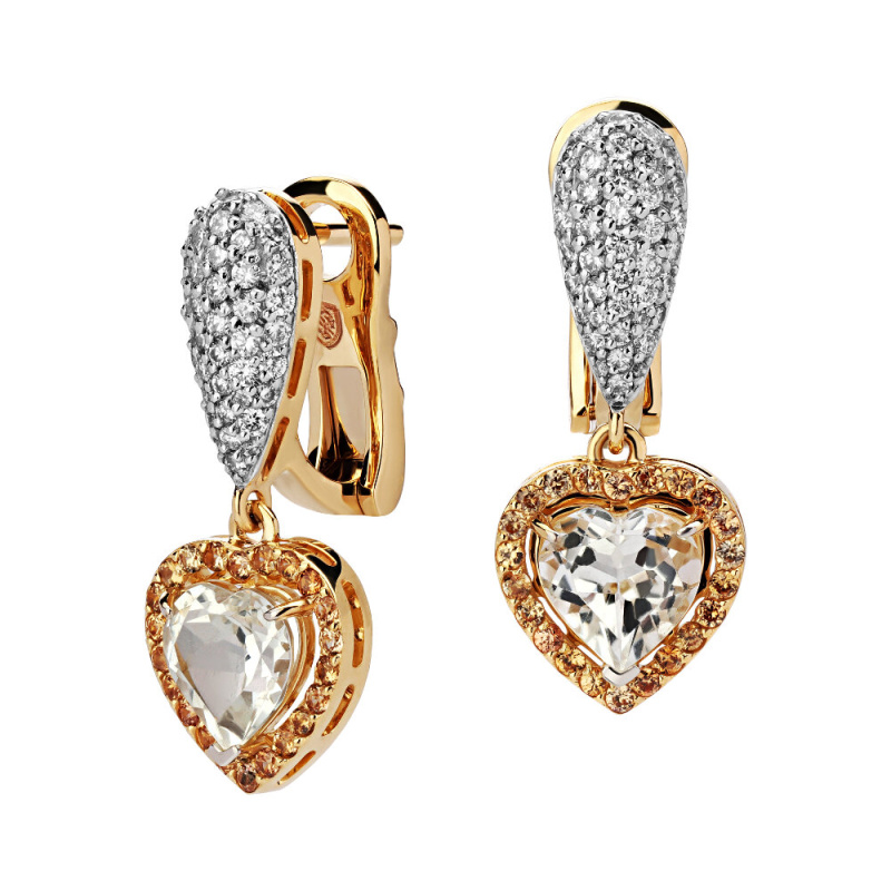 Серьги из желтого золота 585 пробы с топазами, гиацинтами и бриллиантами 01С6312970-1 Серьги из желтого золота 585 пробы с топазами, гиацинтами и бриллиантами 01С6312970-1