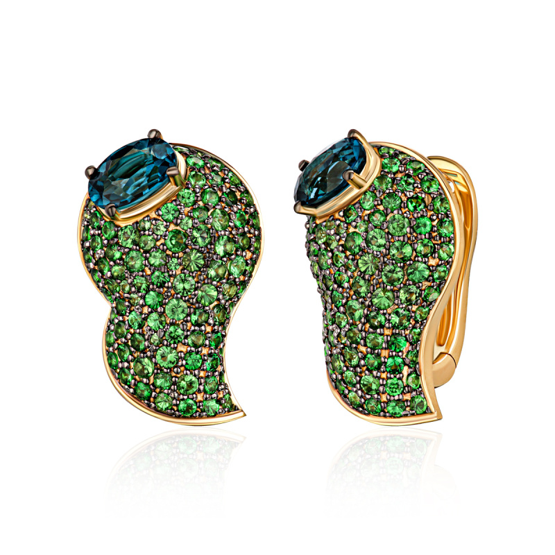 Серьги из желтого золота 585 пробы с тсаворитами и топазами 01С3317490-1