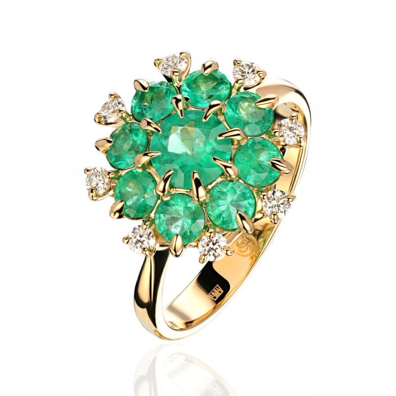 Кольцо из желтого золота 750 пробы с изумрудами и бриллиантами 01К647693-4