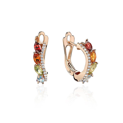 Серьги из красного золота 585 пробы с цитринами, хризолитами, фианитами, топазами, гранатами и аметистами 01С3115068-2