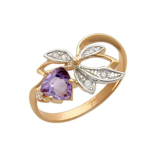 Кольцо из красного золота 585 пробы с аметистом и фианитами 01К312383-3